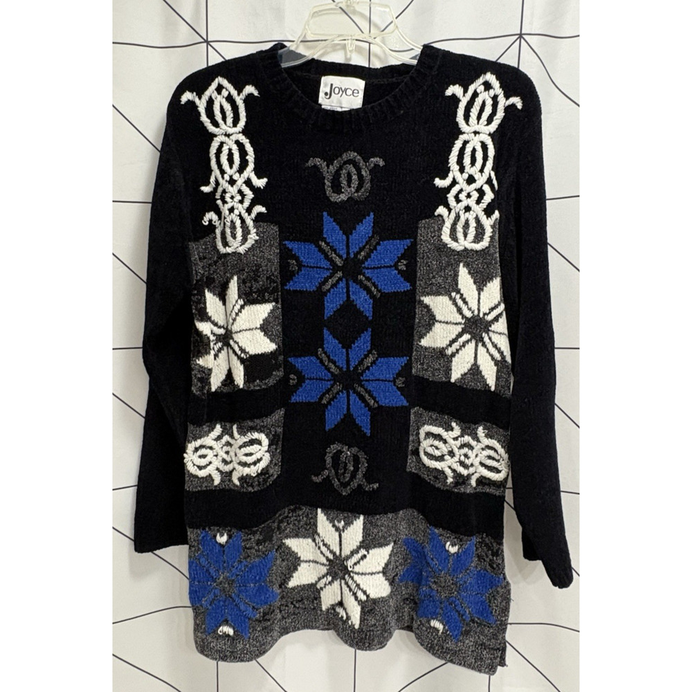 Joyce Abstract Vintage Acrylic Sweater Knit Size Med 80s Snowflakes Winter Tunic